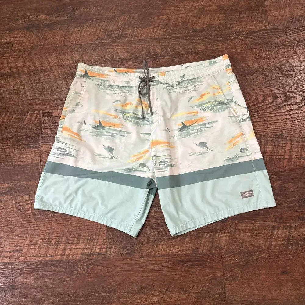 AFTCO Swim Trunks Board Shorts Marlin Dorado Fish Beach Pockets Mens Size 40